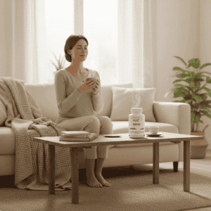 Flacon de gélules AshwaCalm pour acheter l'ashwagandha bio au Maroc, avec racines et poudre.