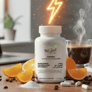 Flacon de CaffeiC d'AslBio sur un bureau pour acheter CaffeiC énergie Maroc.