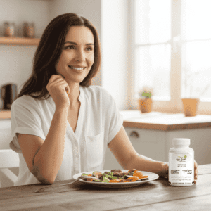 Flacon d'Enzym'Aid pour acheter des enzymes digestives au Maroc avec des morceaux d'ananas, de papaye et du gingembre.
