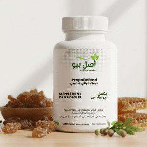 Flacon de PropoDefend, pour acheter du propolis bio au Maroc, avec de la propolis brute à côté.