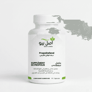 Flacon de PropoDefend, pour acheter du propolis bio au Maroc, avec de la propolis brute à côté.