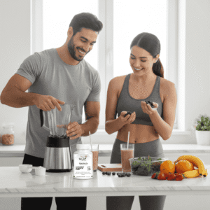 Flacon du complément alimentaire prise de poids Maroc WeightGain Pro sur une table en bois avec ses ingrédients naturels.