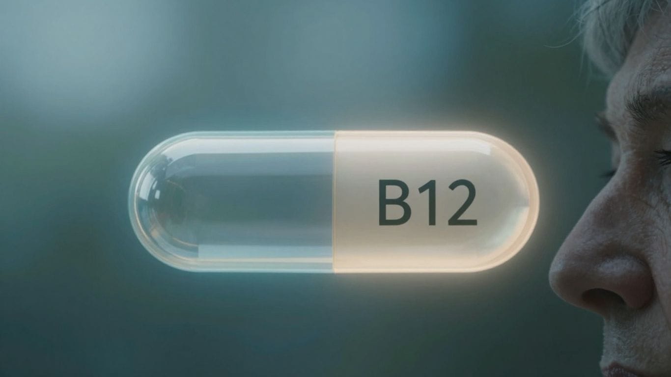 Senior's profile with glowing vitamin B12 capsule near temple.