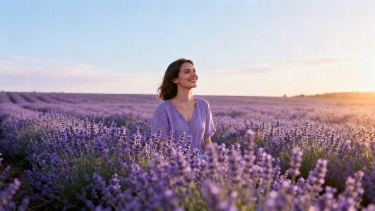 Une femme souriante dans un champ de lavande, symbolisant le bien-être et la sérénité retrouvés grâce aux solutions naturelles contre les allergies.