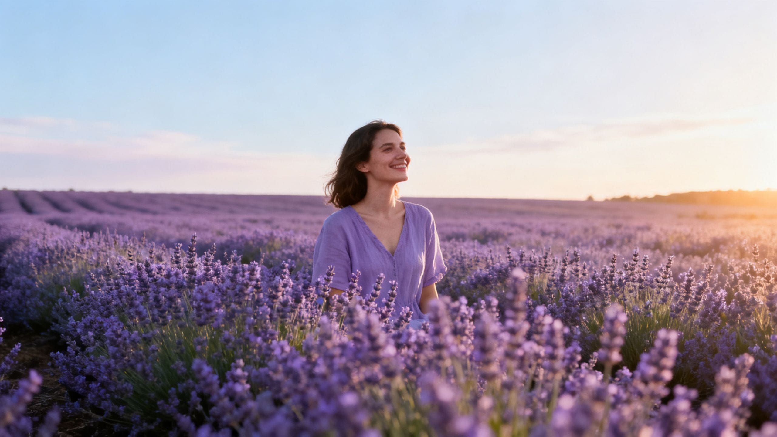 Une femme souriante dans un champ de lavande, symbolisant le bien-être et la sérénité retrouvés grâce aux solutions naturelles contre les allergies.
