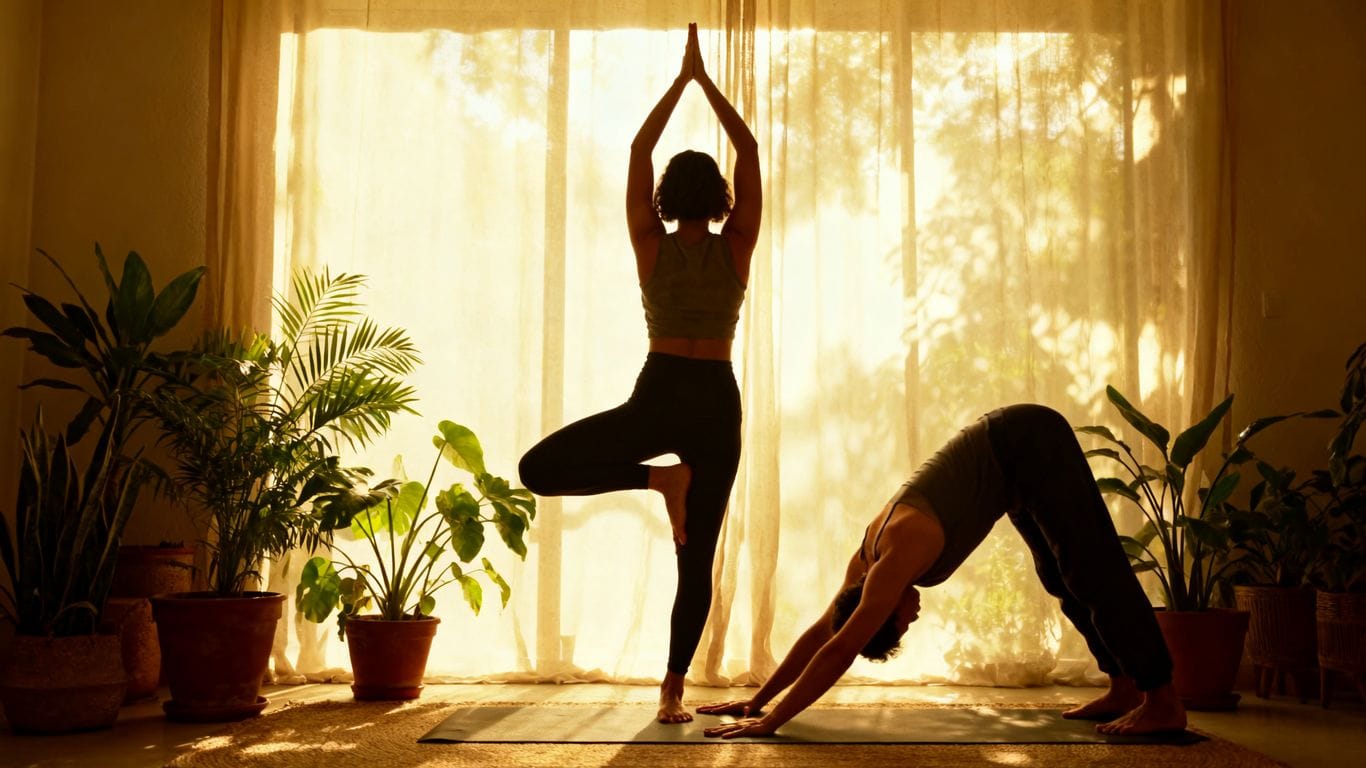 Personne en posture de yoga, étirement, équilibre et bien-être.