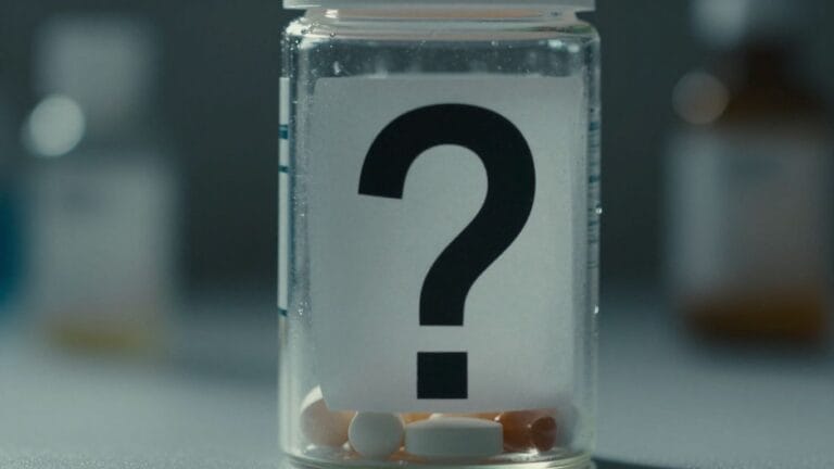 Generic pill bottle with a question mark.