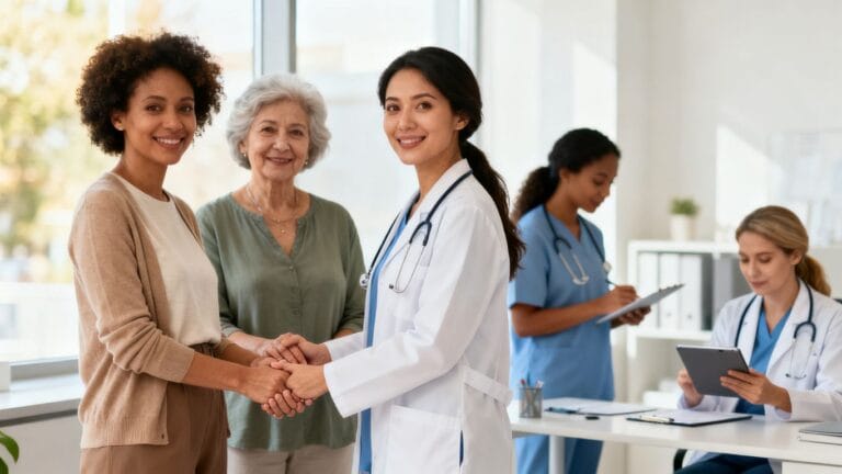Femmes consultant des professionnels de la santé dans un environnement moderne.