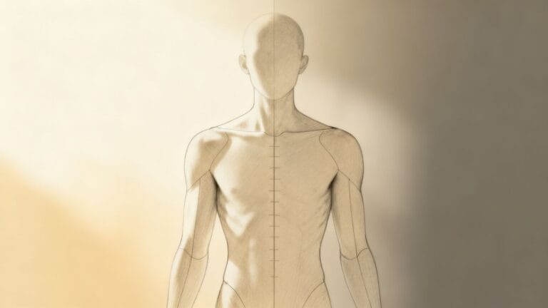 Personne debout, corps aligné, équilibre naturel.