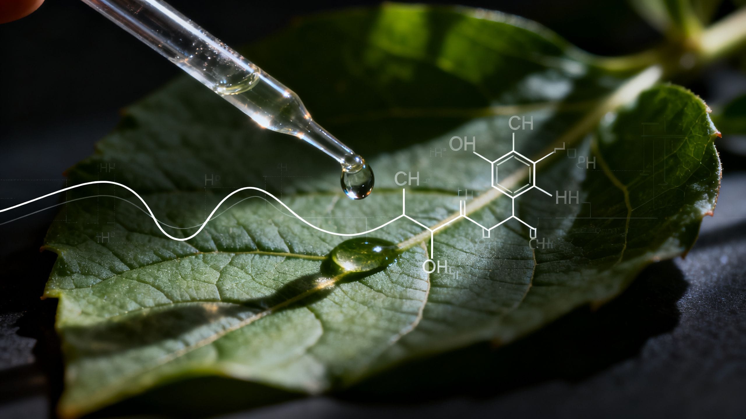 Une composition artistique de style éditorial montrant une pipette déposant une goutte sur une feuille de plante médicinale, avec des graphiques scientifiques en surimpression, lumière dramatique.
