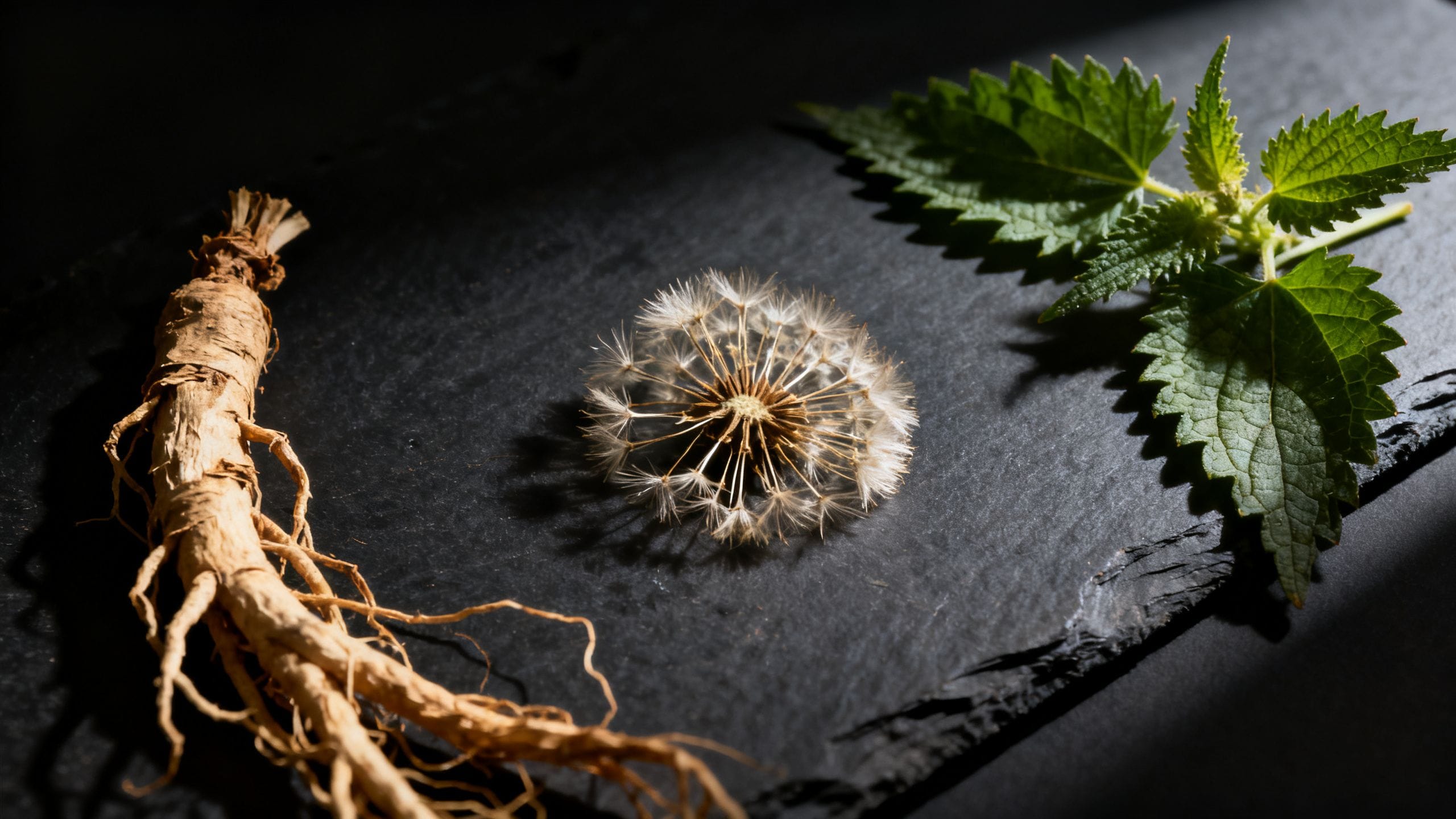 Gros plan sur des racines de pissenlit séchées et des feuilles d'ortie, posées sur une ardoise sombre. Une lumière dramatique latérale sculpte les textures, évoquant la purification et la santé rénale. Style magazine scientifique.