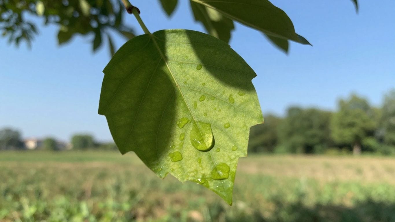 Green leaf with water drop, fields, and sky.