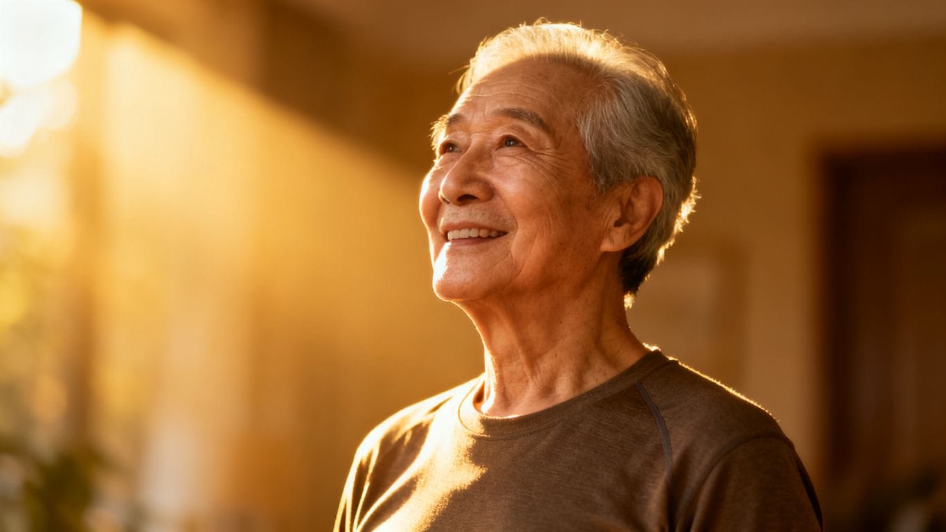 Person âgée se tenant droite, active et autonome.