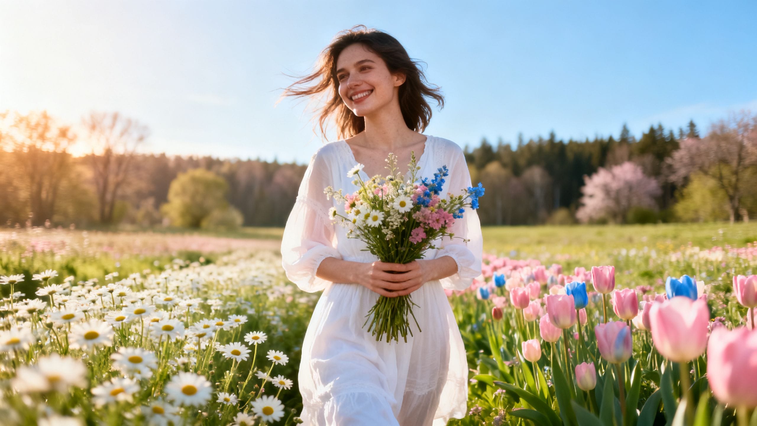Une femme souriante dans un champ de fleurs au printemps, symbolisant le bien-être et l'absence d'allergies grâce à des solutions naturelles.