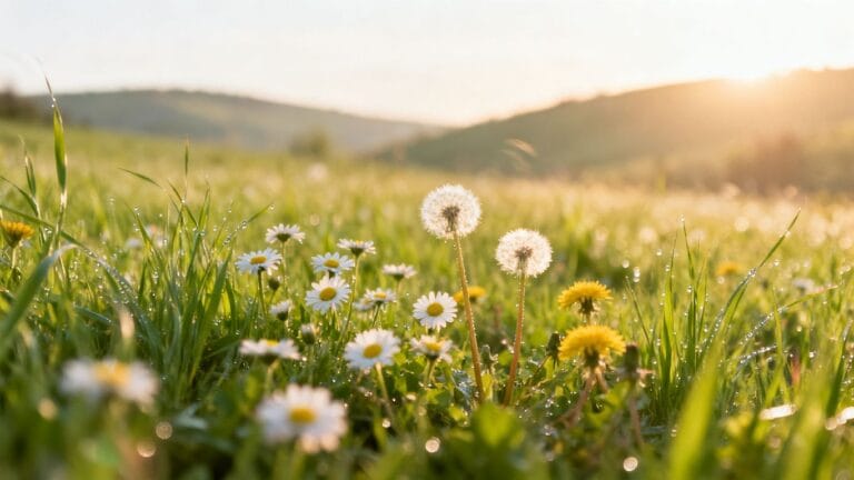 Prairie fleurie au printemps, paisible et ensoleillée.