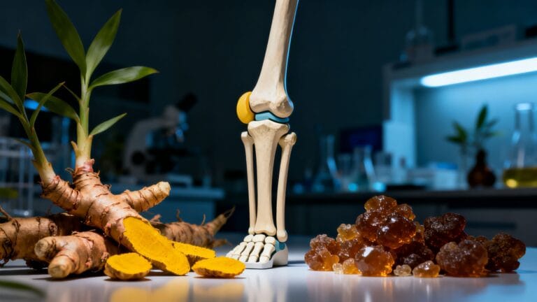 Une articulation humaine stylisée, entourée de plantes médicinales brutes comme le curcuma et la boswellia, sous une lumière de laboratoire dramatique, style magazine scientifique.