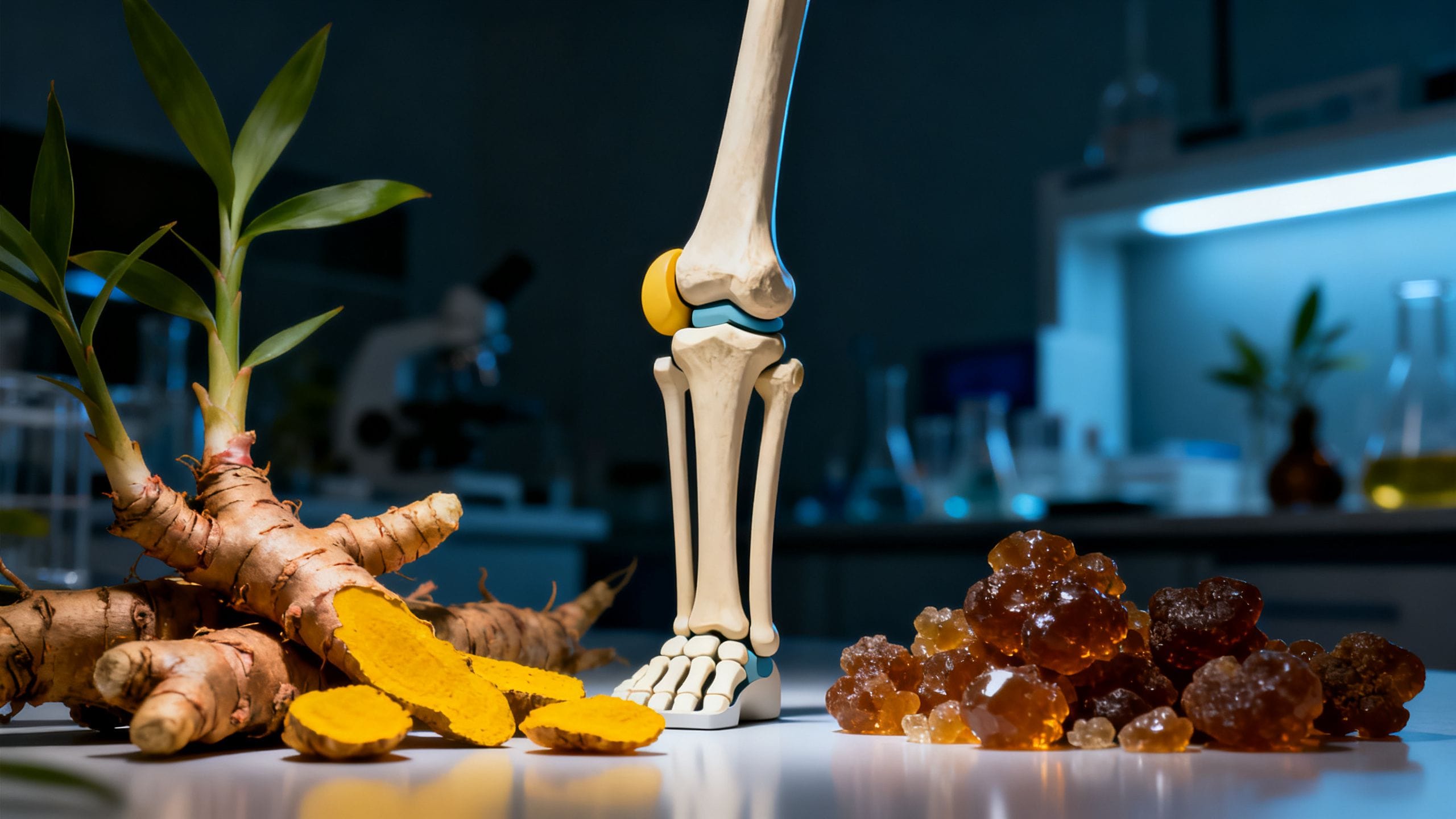 Une articulation humaine stylisée, entourée de plantes médicinales brutes comme le curcuma et la boswellia, sous une lumière de laboratoire dramatique, style magazine scientifique.