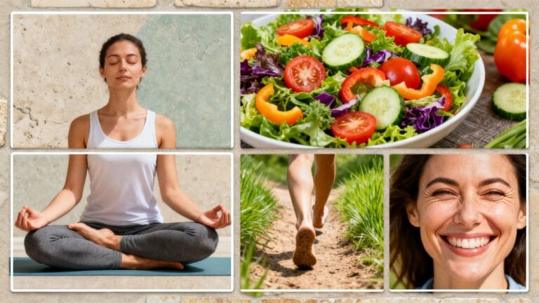 Une mosaïque d'images représentant un mode de vie sain : une personne méditant, une salade colorée, des pieds marchant sur un sentier et une femme souriante.