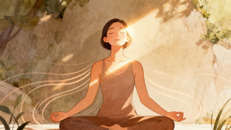 Personne en posture détendue, yeux fermés, lumière douce.