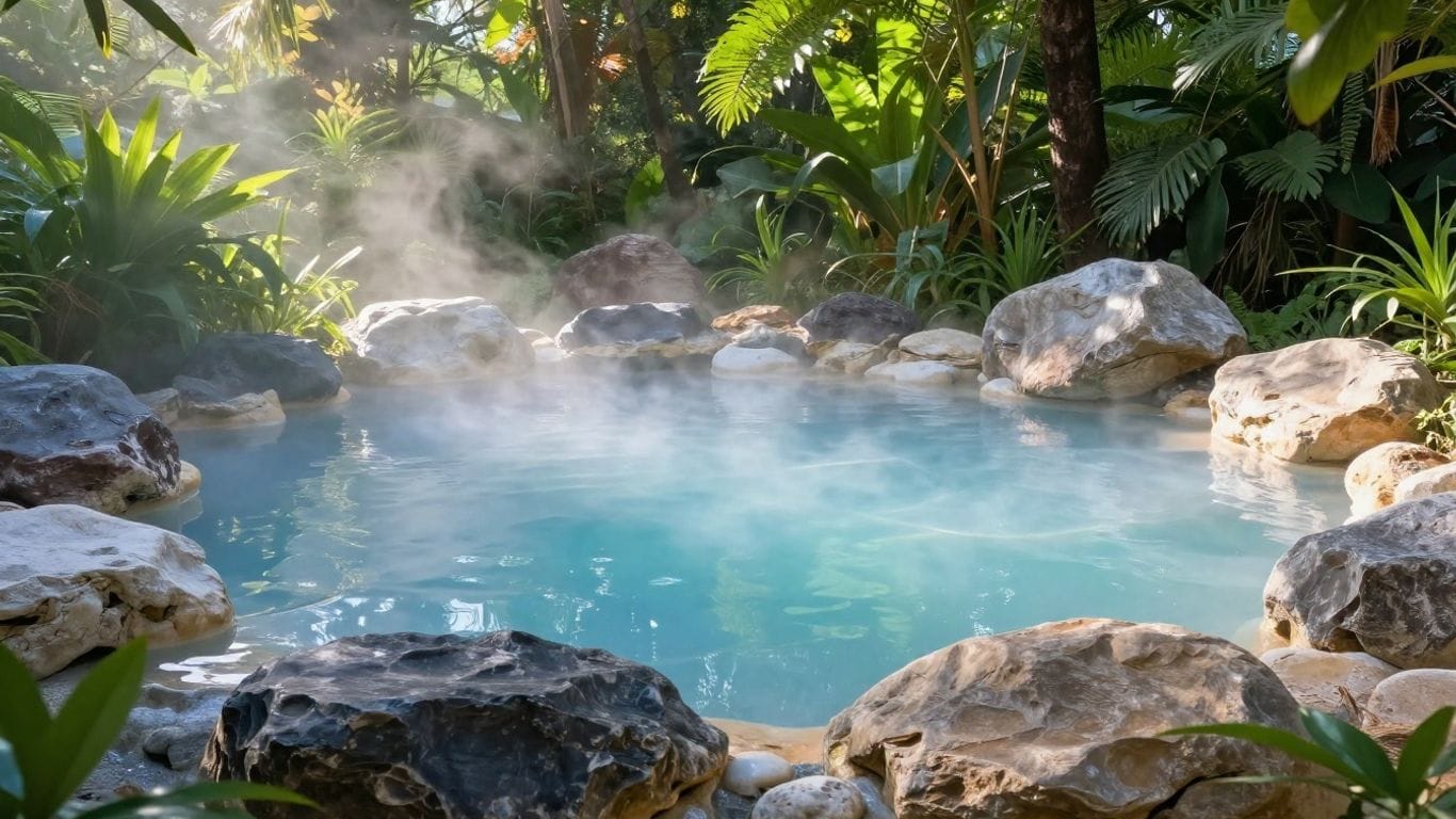 Steaming natural hot spring surrounded by lush greenery and rocks.