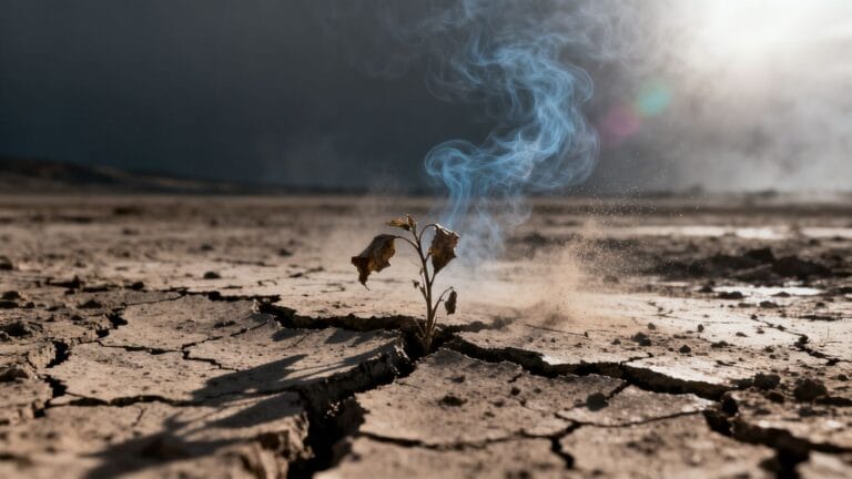 Terre craquelée avec une plante mourante et des fumées persistantes.