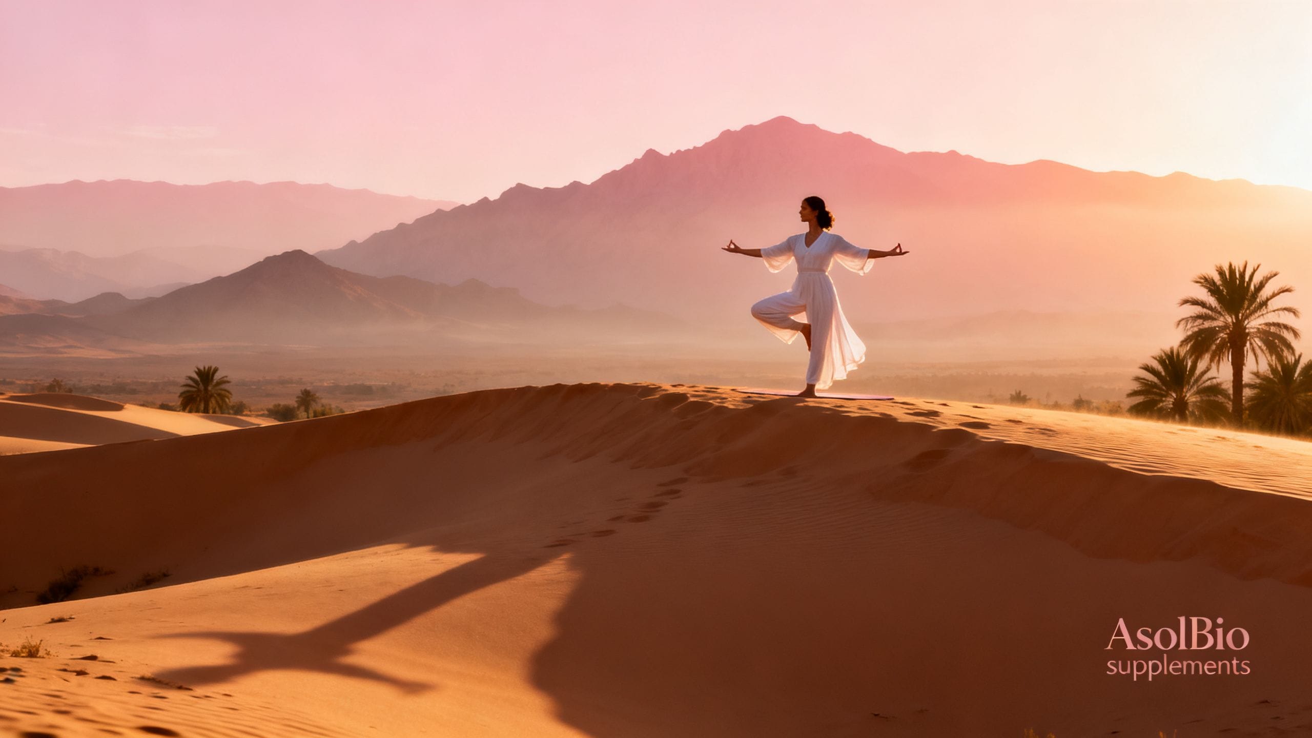 Une vue panoramique sereine d'un paysage marocain au lever du soleil, avec une femme pratiquant le yoga, symbolisant l'équilibre naturel et le bien-être avec les compléments AslBio.