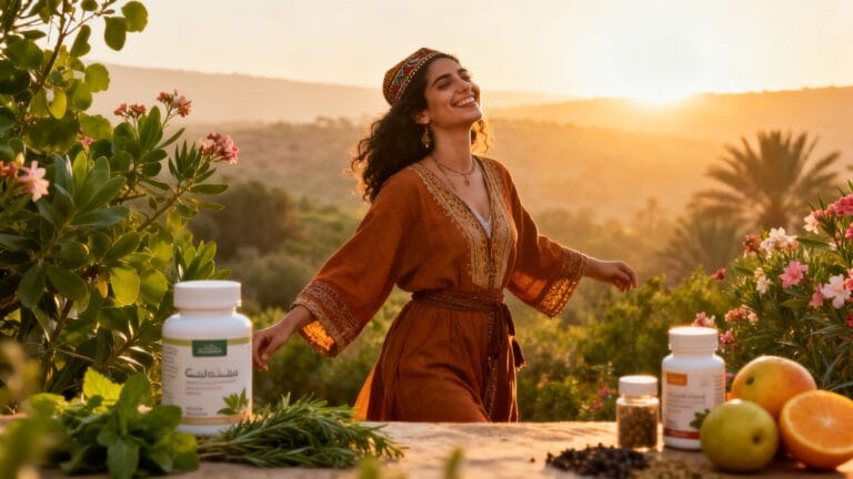 Une femme marocaine souriante et pleine de vitalité, se tenant dans un paysage naturel luxuriant au lever du soleil, symbolisant l'équilibre et le bien-être retrouvés grâce aux compléments alimentaires naturels.