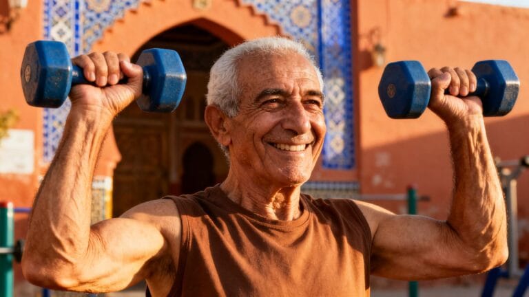 Homme âgé marocain souriant et actif, faisant de l'exercice.