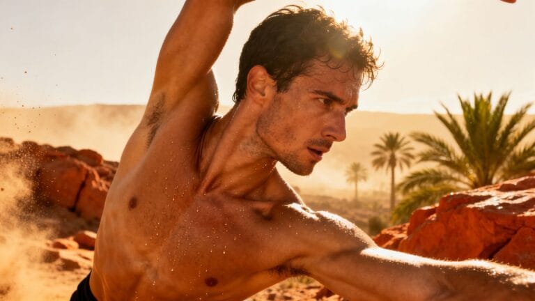 Athlète s'étirant sous le soleil marocain, surmontant la fatigue.