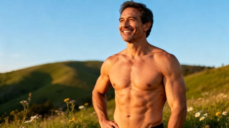 Homme souriant, en pleine forme, dans un cadre naturel.