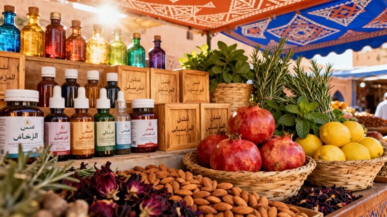 Compléments alimentaires et fruits frais sur un marché marocain.