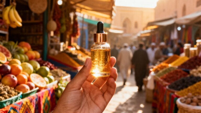 Compléments beauté et marché marocain coloré.
