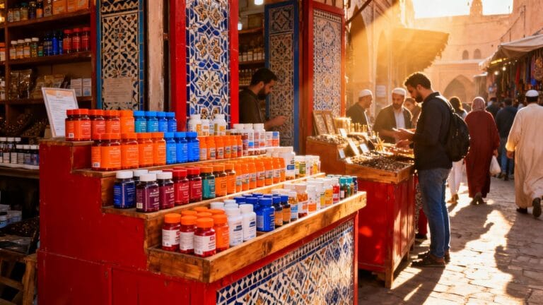 Compléments alimentaires colorés sur un marché marocain.